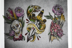 Neo-Traditional Gloved Hands Tattoo Flash with Snake and Dagger