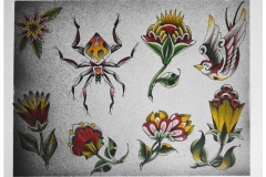 Traditional Ornamental Spider and Flower Tattoo Flash