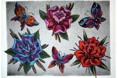 Traditional Hand Painted Butterflies and Roses Tattoo Flash